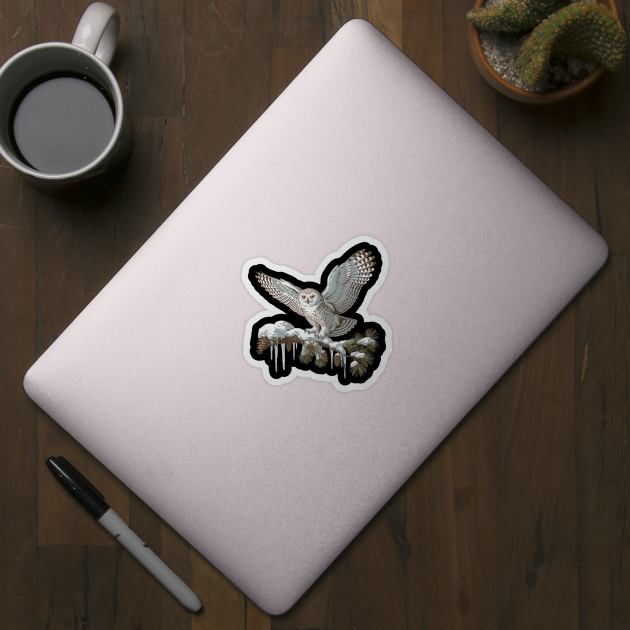 Snowy Owl on Winter Pine Branch Vintage Illustration by BirdsnStuff